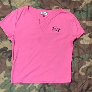Tommy Hilfiger‎ pink cut neck ribbed baby tee embroidery y2k